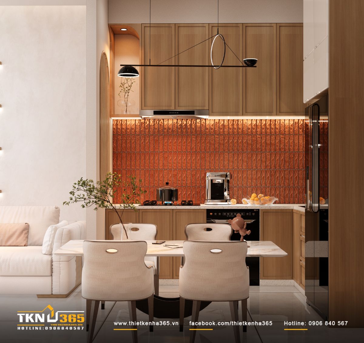 Hệ tủ bếp gỗ phát triển cao sát trần kết hợp mảng gạch đỏ nâu, tạo cảm giác ấm áp cho khu vực nấu nướng
