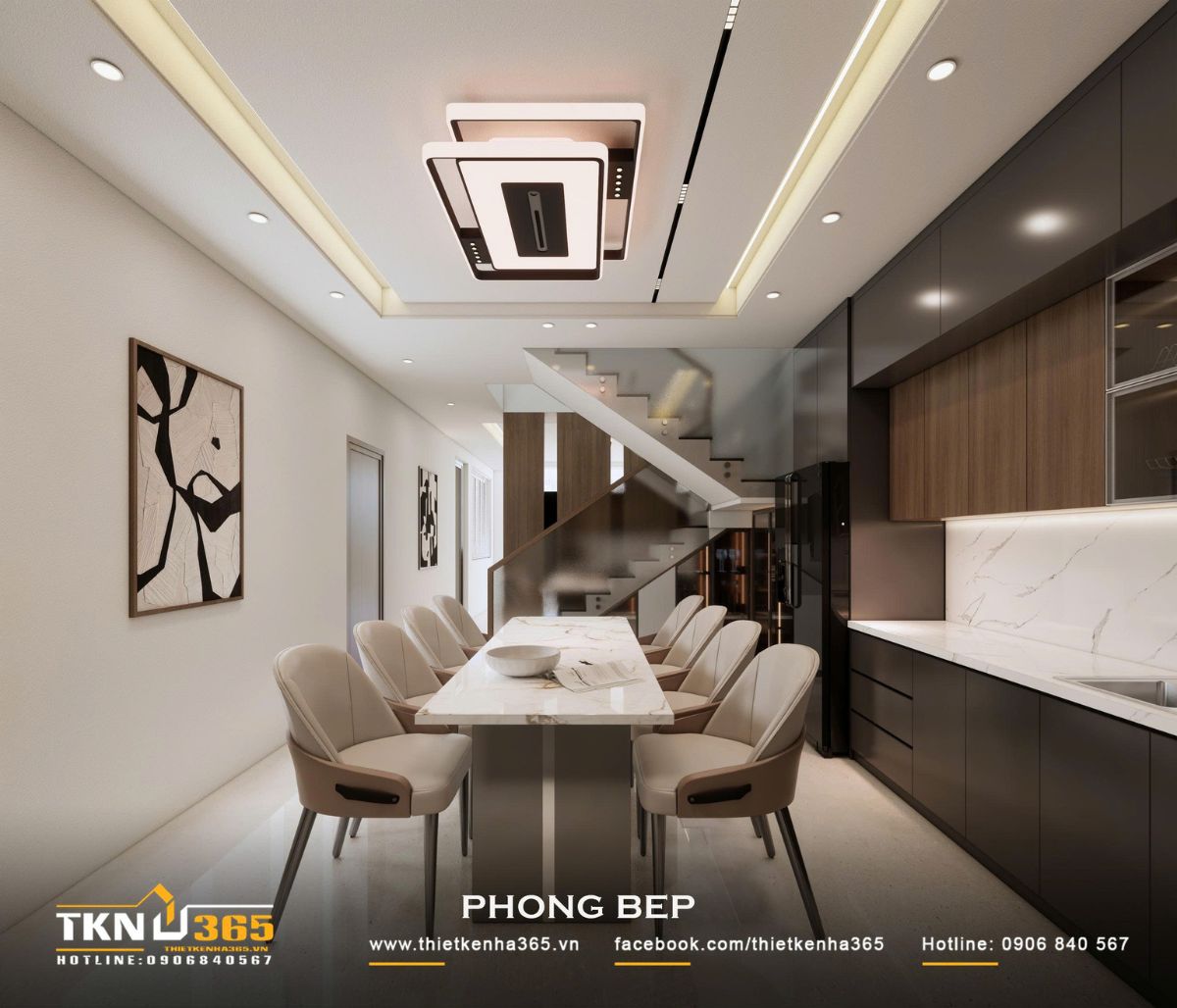Nhà phố 2 tầng hiện đại của chị Hương tích hợp quán cà phê nhưng vẫn giữ sự riêng tư cho gia đình đông thành viên 16 Khu bếp - ăn nhà phố 2 tầng bố trí liền mạch, giữ khoảng lưu thông rộng giữa bàn ăn và hệ tủ bếp