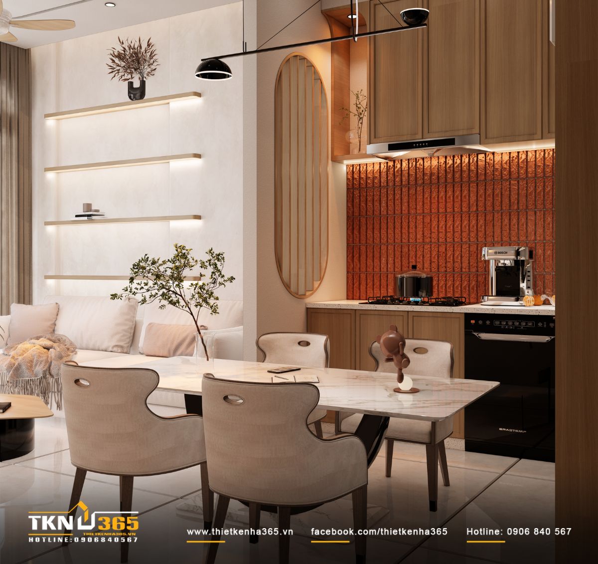 Từ bàn ăn có thể nhìn trực tiếp về phòng khách và khu bếp, giữ các hoạt động sinh hoạt chung của gia đình trong một không gian gần gũi