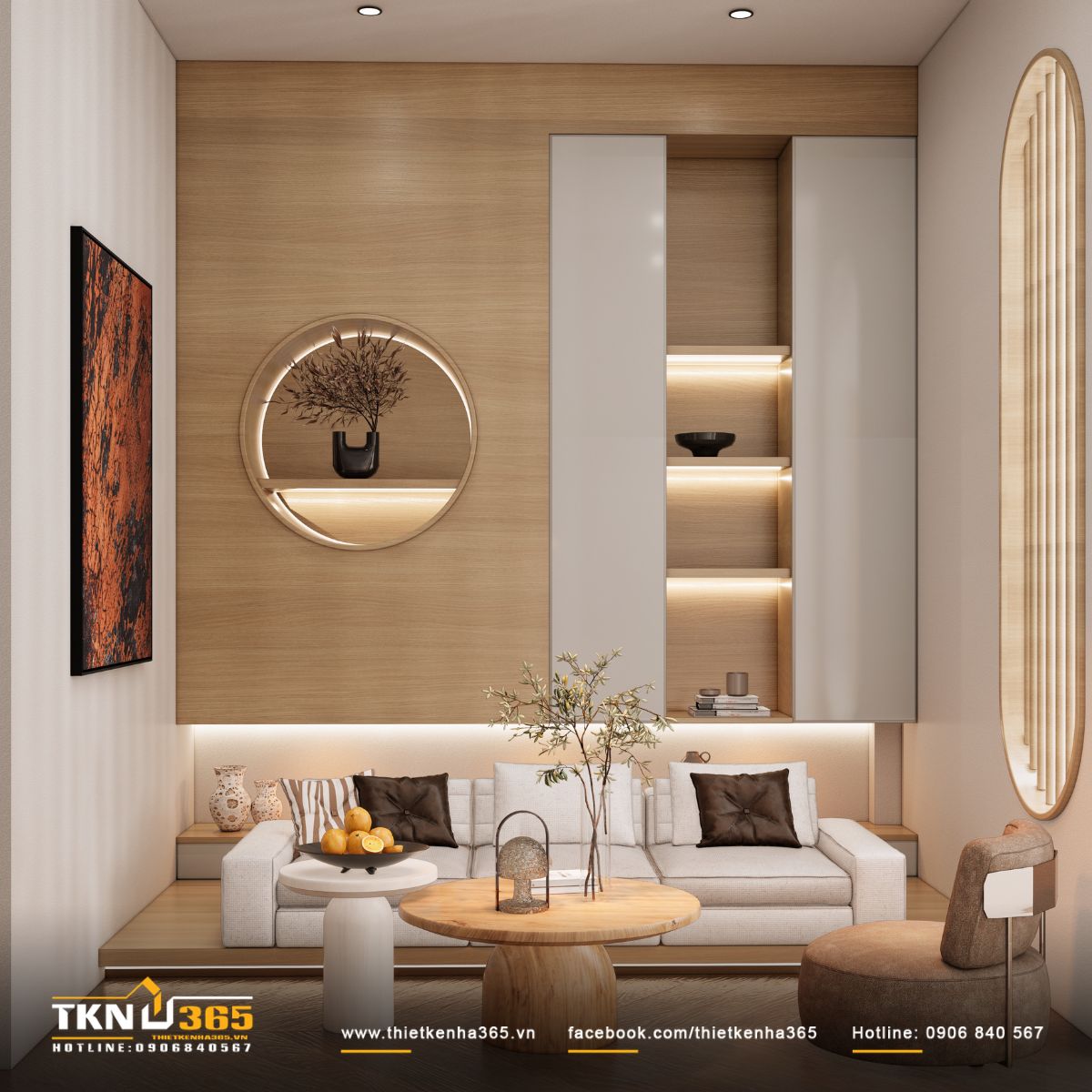 Phòng sinh hoạt chung sử dụng sofa thấp, bàn trà bo tròn và sắc gỗ sáng, tạo một khoảng quây quần ấm áp dành riêng cho gia đình