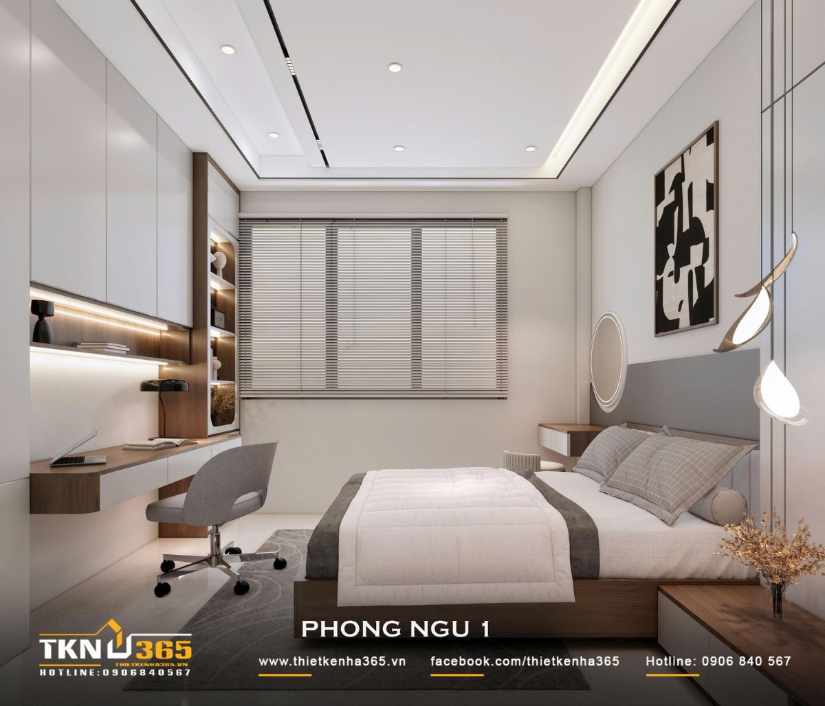 Nhà phố 2 tầng hiện đại của chị Hương tích hợp quán cà phê nhưng vẫn giữ sự riêng tư cho gia đình đông thành viên 21 Bàn làm việc được bố trí sát tường và liên kết với hệ tủ, giúp khai thác diện tích phòng ngủ hiệu quả hơn