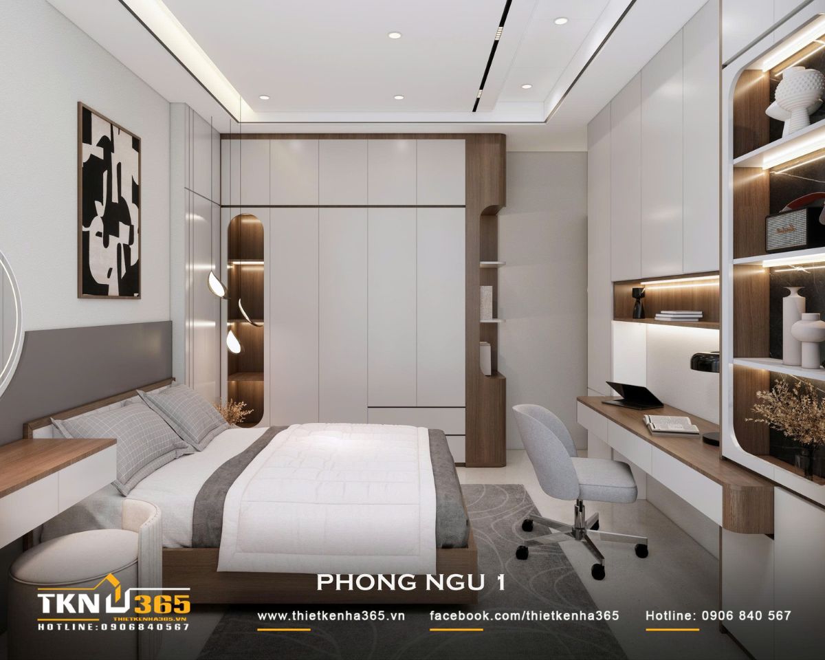 Nhà phố 2 tầng hiện đại của chị Hương tích hợp quán cà phê nhưng vẫn giữ sự riêng tư cho gia đình đông thành viên 22 Hệ tủ quần áo cao sát trần kết hợp bàn làm việc và kệ trang trí, tăng không gian lưu trữ mà vẫn giữ bố cục gọn gàng