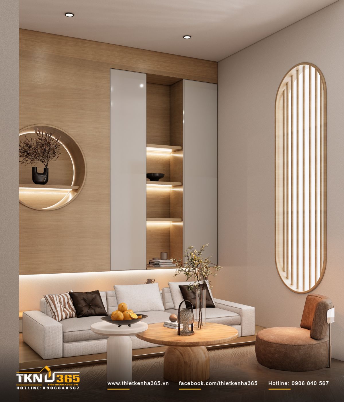 Các chi tiết bo cong tiếp tục xuất hiện ở hốc trang trí, bàn trà và ghế đơn, tạo sự đồng nhất với ngôn ngữ nội thất ở tầng trệt