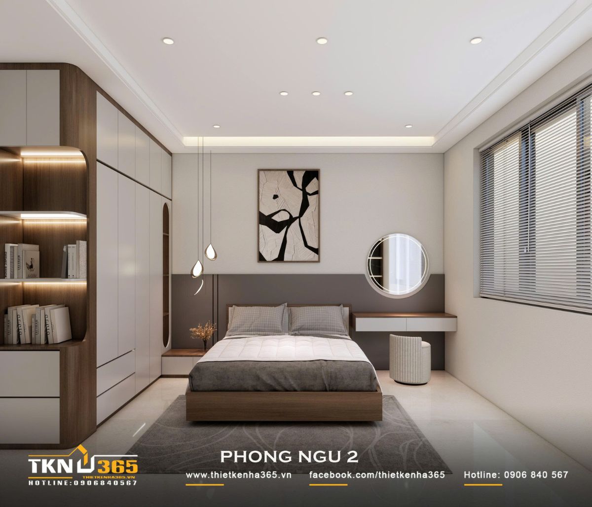 Nhà phố 2 tầng hiện đại của chị Hương tích hợp quán cà phê nhưng vẫn giữ sự riêng tư cho gia đình đông thành viên 23 Phòng ngủ 2 duy trì thiết kế tinh giản với giường thấp, tủ lớn và các hốc kệ gỗ có đèn hắt trang trí