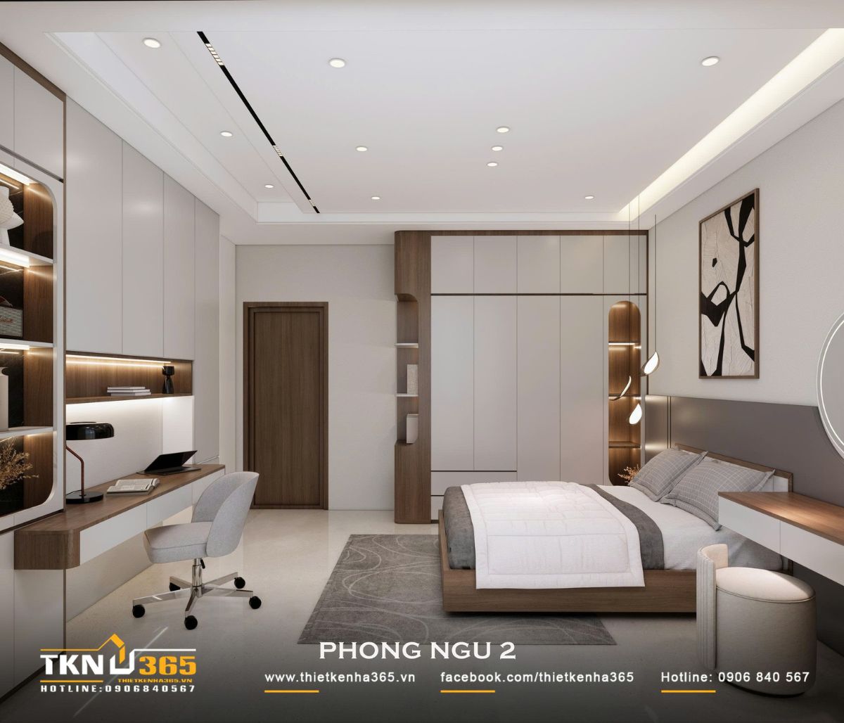 Nhà phố 2 tầng hiện đại của chị Hương tích hợp quán cà phê nhưng vẫn giữ sự riêng tư cho gia đình đông thành viên 24 Khu vực làm việc trong phòng ngủ tích hợp cùng hệ tủ, đáp ứng nhu cầu sử dụng mà không chiếm nhiều diện tích