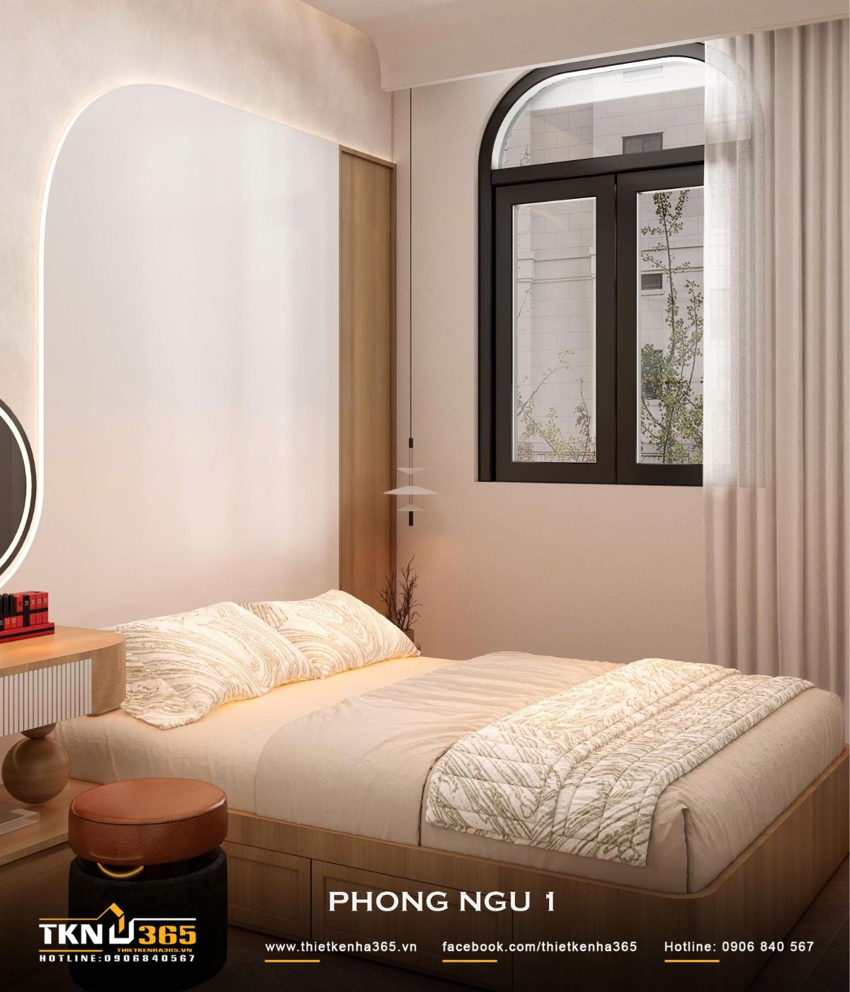 Cửa sổ vòm lớn đưa ánh sáng tự nhiên vào phòng ngủ, đồng thời tạo sự liên kết với những đường cong được sử dụng xuyên suốt nội thất ngôi nhà