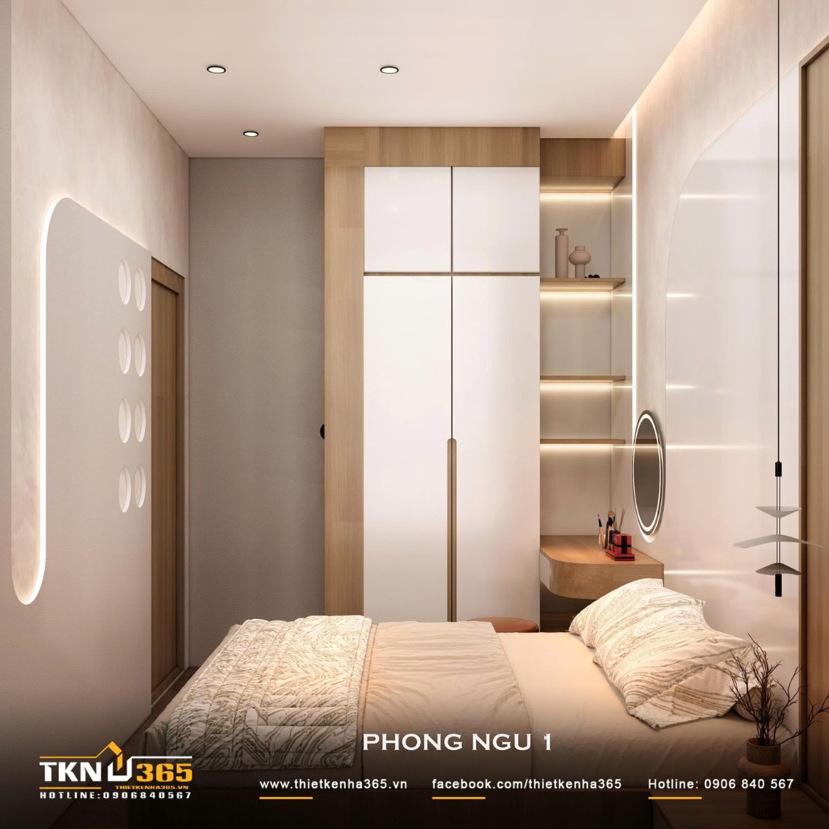 Hệ tủ áo, bàn trang điểm và kệ mở bố trí liền nhau, tăng khả năng lưu trữ mà vẫn dành khoảng lưu thông thoải mái quanh giường