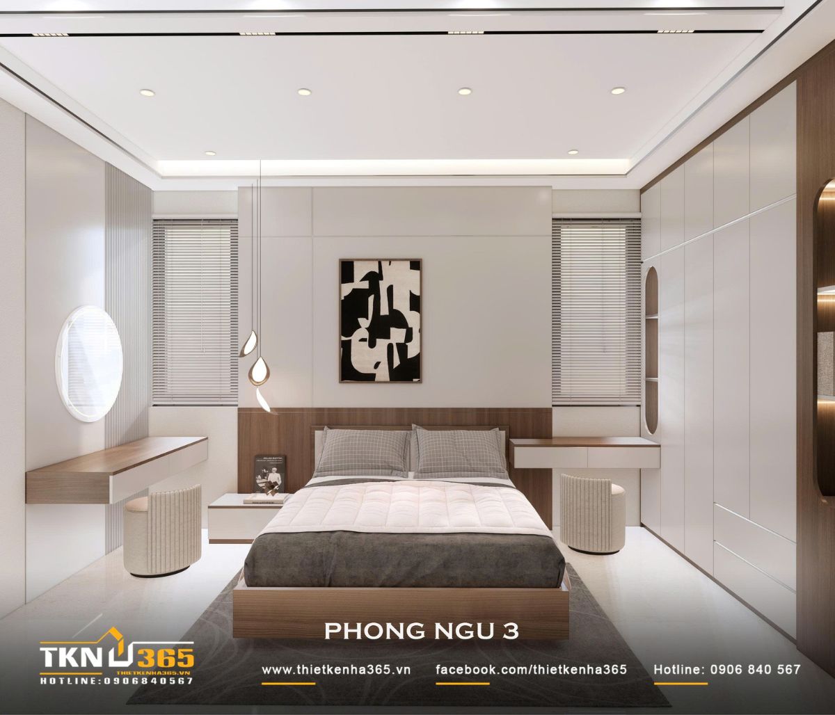 Nhà phố 2 tầng hiện đại của chị Hương tích hợp quán cà phê nhưng vẫn giữ sự riêng tư cho gia đình đông thành viên 26 Phòng ngủ 3 bố trí giường ở trung tâm, hai bên là bàn treo và hệ tủ cao nhằm giữ lối đi xung quanh thông thoáng