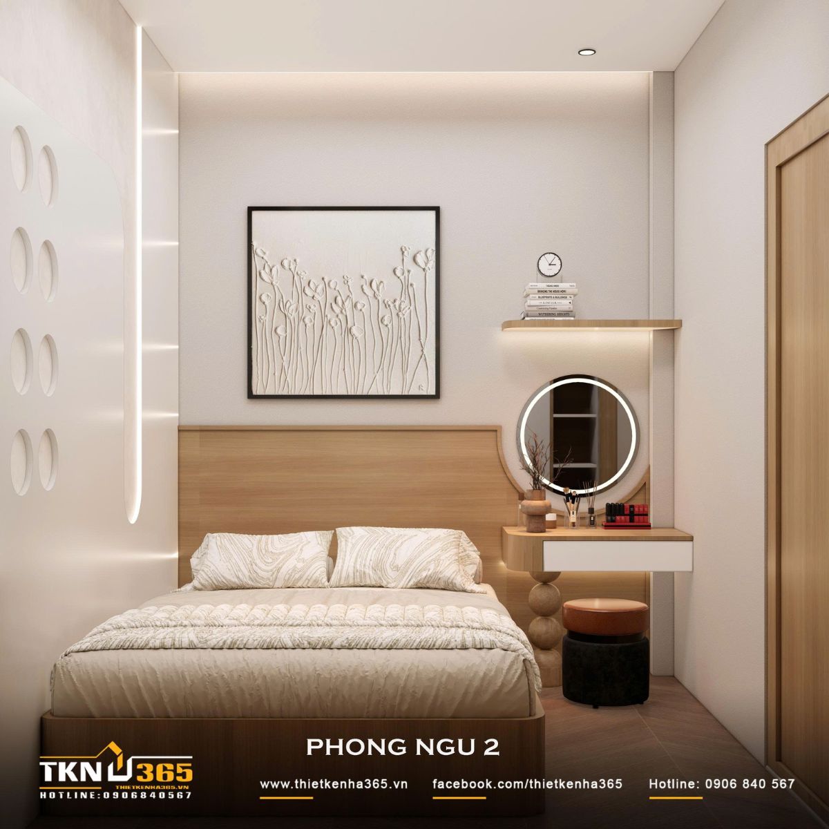 Phòng ngủ 2 giữ cách bài trí tối giản với giường gỗ, bàn trang điểm treo và gương tròn, phù hợp cho nhu cầu nghỉ ngơi hàng ngày