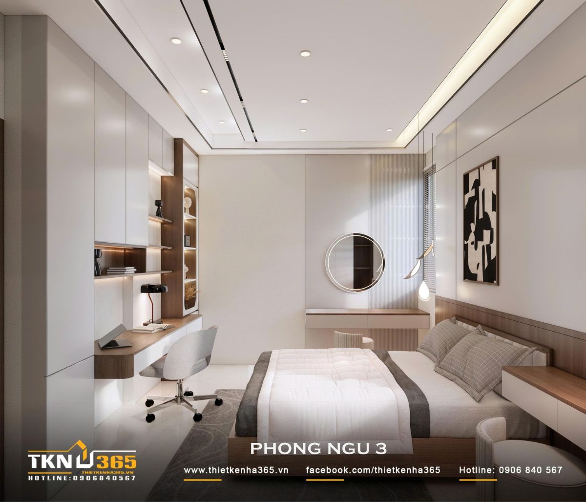 Nhà phố 2 tầng hiện đại của chị Hương tích hợp quán cà phê nhưng vẫn giữ sự riêng tư cho gia đình đông thành viên 27 Hệ bàn làm việc, tủ lưu trữ và kệ trang trí thiết kế liền mạch theo chiều dài tường của phòng ngủ