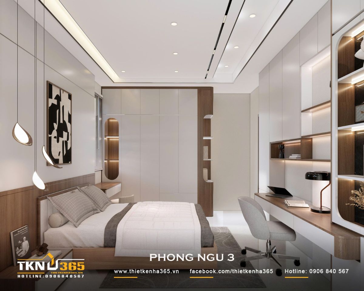 Nhà phố 2 tầng hiện đại của chị Hương tích hợp quán cà phê nhưng vẫn giữ sự riêng tư cho gia đình đông thành viên 28 Các hốc kệ có đèn hắt xen giữa hệ tủ kín giúp giảm cảm giác nặng nề và bổ sung không gian lưu trữ cho phòng ngủ