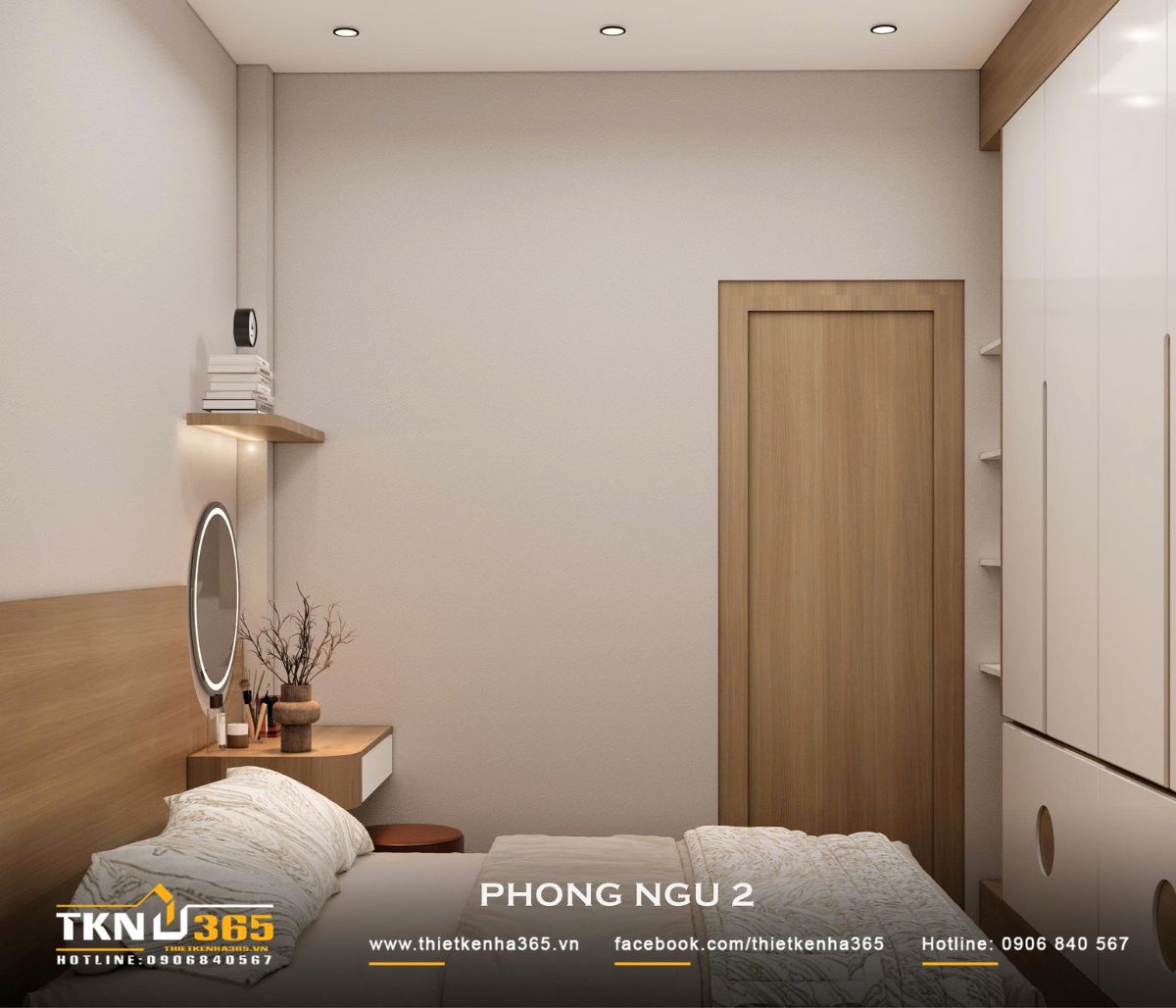 Các phòng ngủ sử dụng chung bảng màu trắng kem và gỗ sáng, tạo cảm giác nhẹ nhàng và duy trì sự đồng nhất với không gian chung