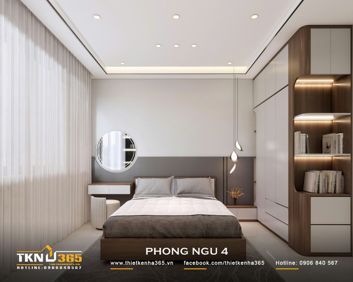 Nhà phố 2 tầng hiện đại của chị Hương tích hợp quán cà phê nhưng vẫn giữ sự riêng tư cho gia đình đông thành viên 29 Phòng ngủ 4 tiếp tục sử dụng nội thất liền tường, kết hợp cửa lớn và rèm sáng màu để tăng ánh sáng tự nhiên cho không gian