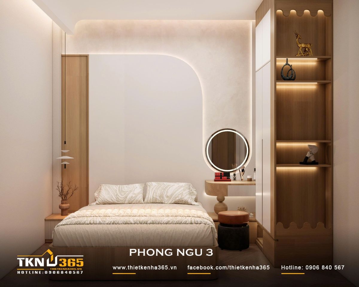 Phòng ngủ 3 bố trí giường, bàn trang điểm và hệ tủ trên các cạnh tường, giữ phần giữa phòng thông thoáng cho việc di chuyển