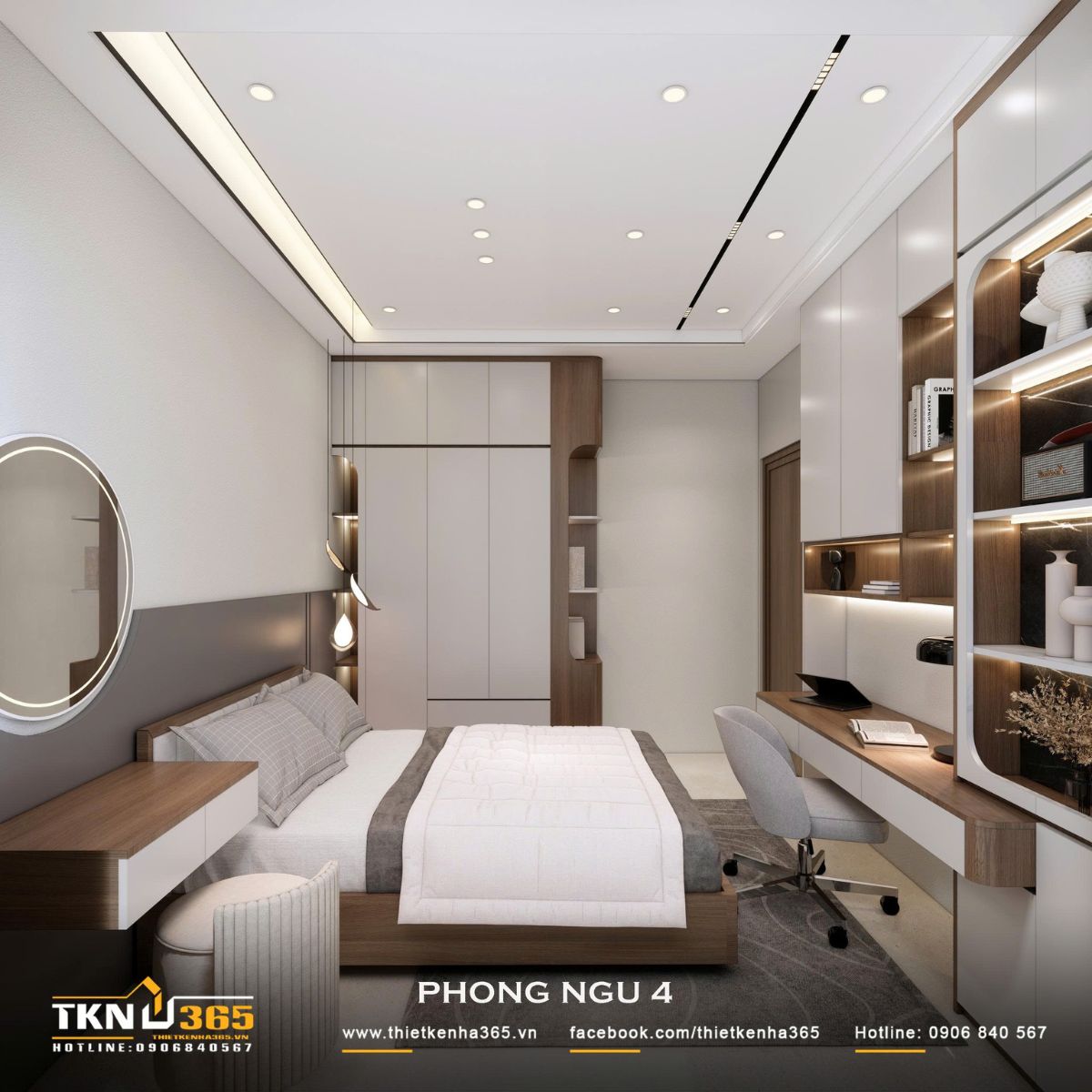 Nhà phố 2 tầng hiện đại của chị Hương tích hợp quán cà phê nhưng vẫn giữ sự riêng tư cho gia đình đông thành viên 30 Phòng ngủ tích hợp bàn làm việc, tủ lưu trữ và kệ trang trí thành hệ nội thất liền mạch, giúp khai thác hiệu quả diện tích sử dụng
