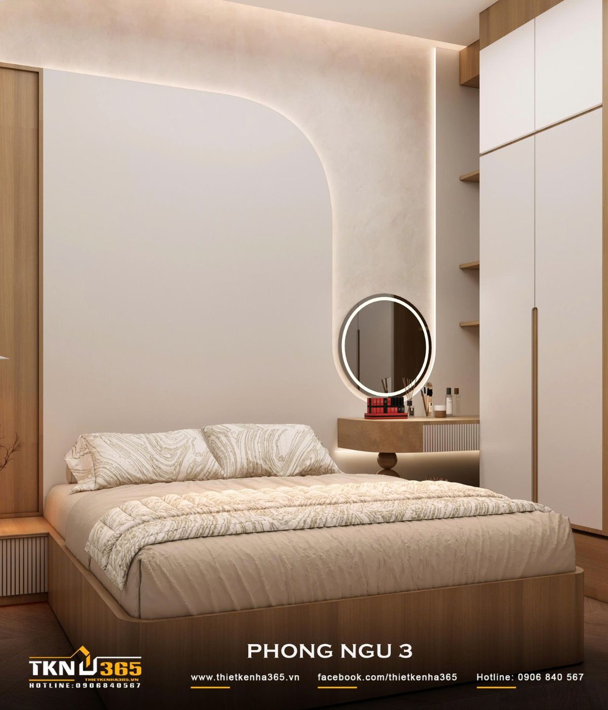 Mảng tường bo cong kết hợp đèn hắt tạo lớp ánh sáng dịu phía sau giường, giúp không gian nghỉ ngơi ấm hơn vào buổi tối