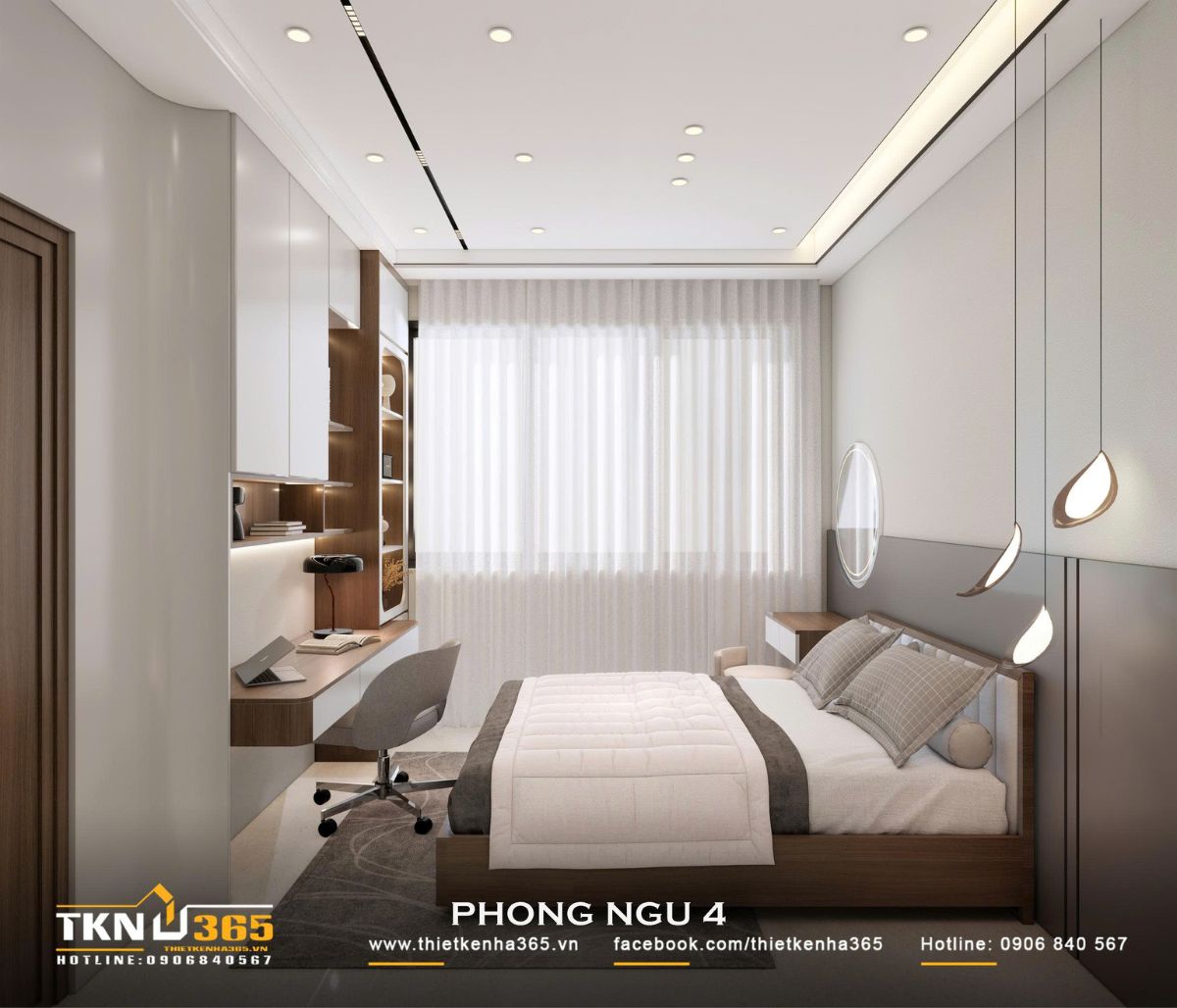 Nhà phố 2 tầng hiện đại của chị Hương tích hợp quán cà phê nhưng vẫn giữ sự riêng tư cho gia đình đông thành viên 31 Cửa sổ lớn kết hợp rèm sáng màu đưa ánh sáng tự nhiên vào phòng ngủ, cân bằng với bảng màu trắng - xám và sắc gỗ ấm