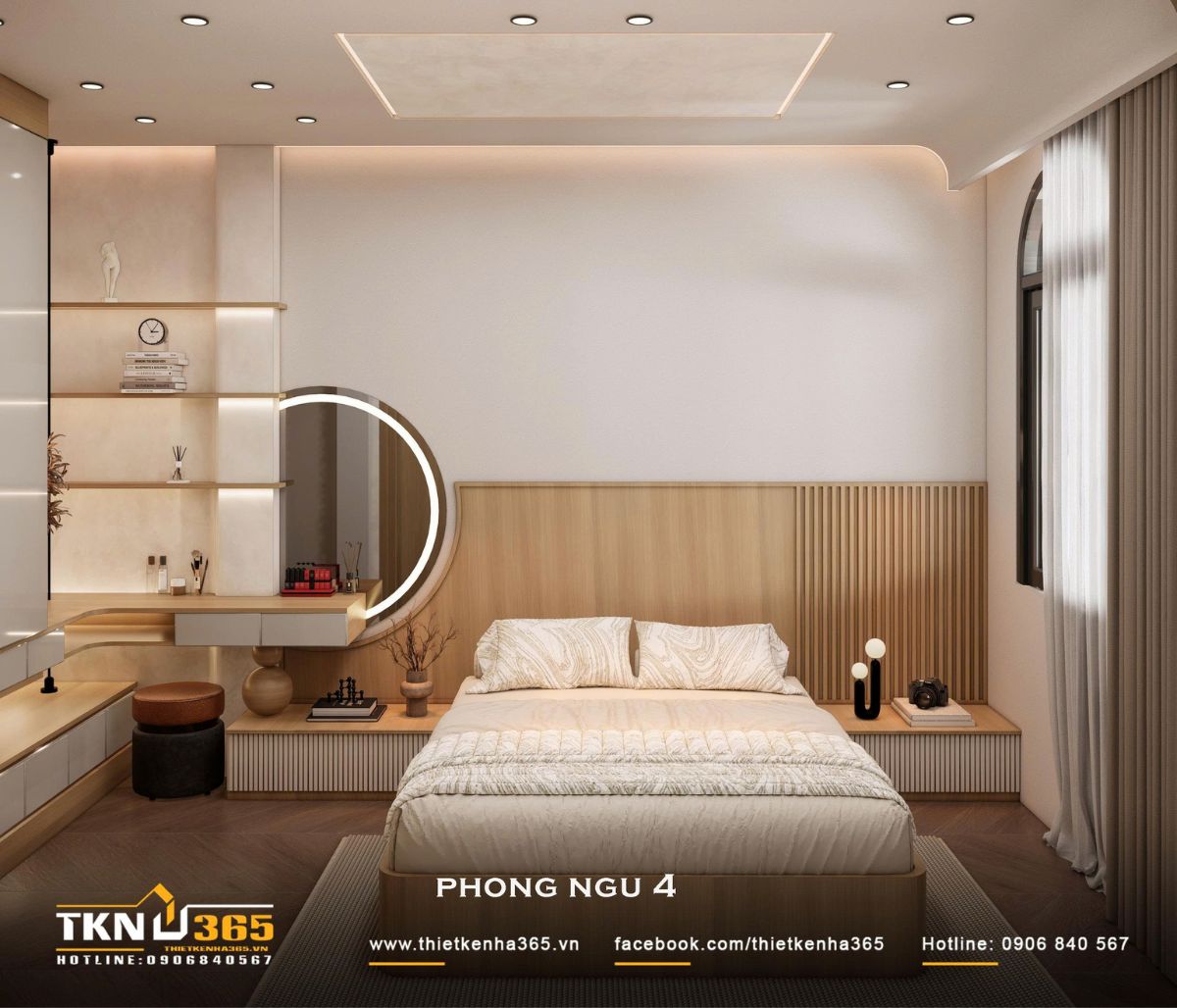 Phòng ngủ 4 có diện tích rộng hơn với đầu giường bằng gỗ kéo dài sang hai bên để kết nối khu vực nghỉ ngơi và các bề mặt đặt đồ