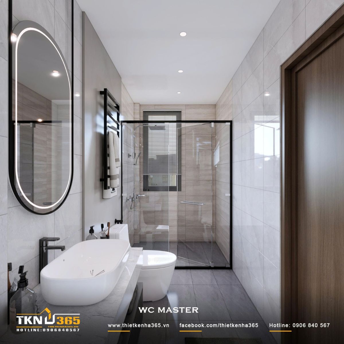 Nhà phố 2 tầng hiện đại của chị Hương tích hợp quán cà phê nhưng vẫn giữ sự riêng tư cho gia đình đông thành viên 33 Cửa sổ đặt gần khu tắm hỗ trợ lấy sáng và thoát ẩm tự nhiên, kết hợp gạch sáng màu giúp WC master thêm thoáng rộng