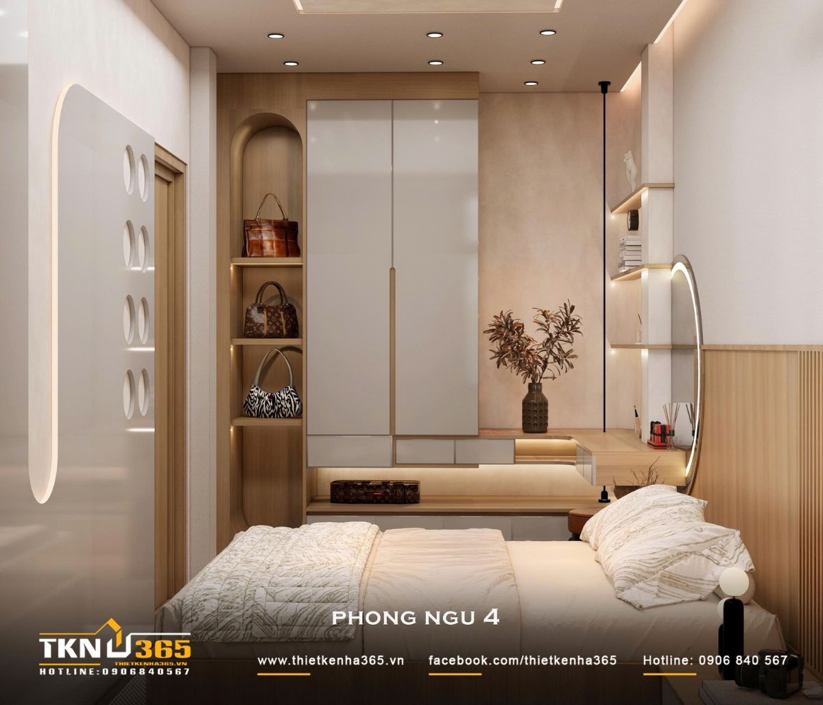 Hệ tủ kết hợp hốc trưng bày túi xách, giúp các vật dụng cá nhân được sắp xếp tập trung và dễ sử dụng