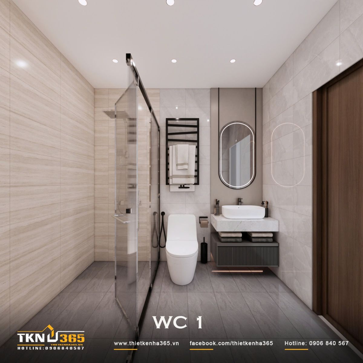 Nhà phố 2 tầng hiện đại của chị Hương tích hợp quán cà phê nhưng vẫn giữ sự riêng tư cho gia đình đông thành viên 34 WC 1 sử dụng bảng màu xám - be trung tính, kết hợp lavabo treo và gương LED để giữ bố cục gọn gàng, hiện đại