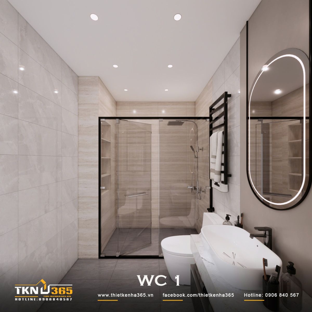 Nhà phố 2 tầng hiện đại của chị Hương tích hợp quán cà phê nhưng vẫn giữ sự riêng tư cho gia đình đông thành viên 35 Vách kính khung đen tách riêng khu tắm, hạn chế nước ảnh hưởng đến khu lavabo và vệ sinh trong quá trình sử dụng