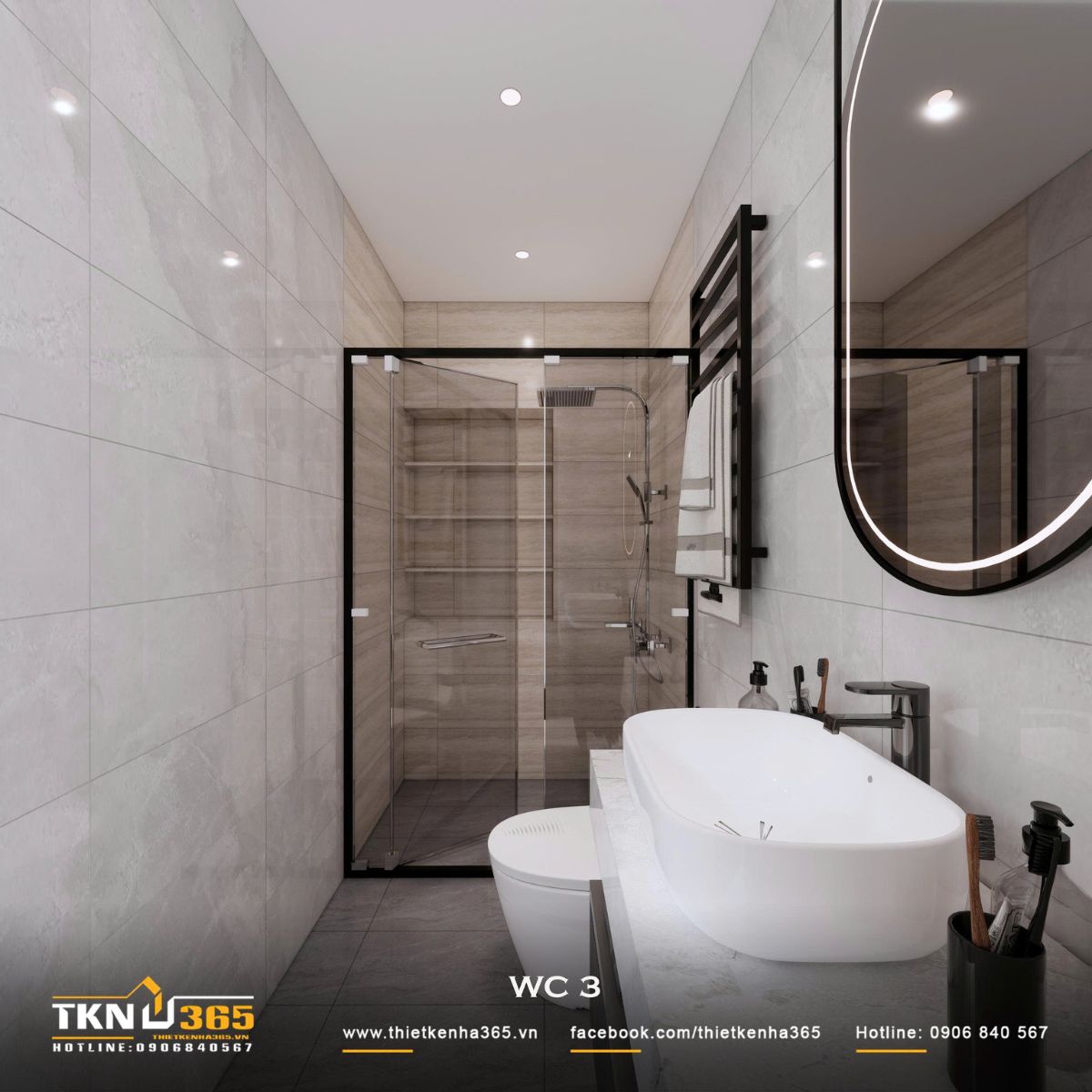 Nhà phố 2 tầng hiện đại của chị Hương tích hợp quán cà phê nhưng vẫn giữ sự riêng tư cho gia đình đông thành viên 37 WC 3 tiếp tục sử dụng vách kính để phân chia khu tắm, đồng thời khai thác hốc tường làm kệ lưu trữ đồ dùng tiện lợi