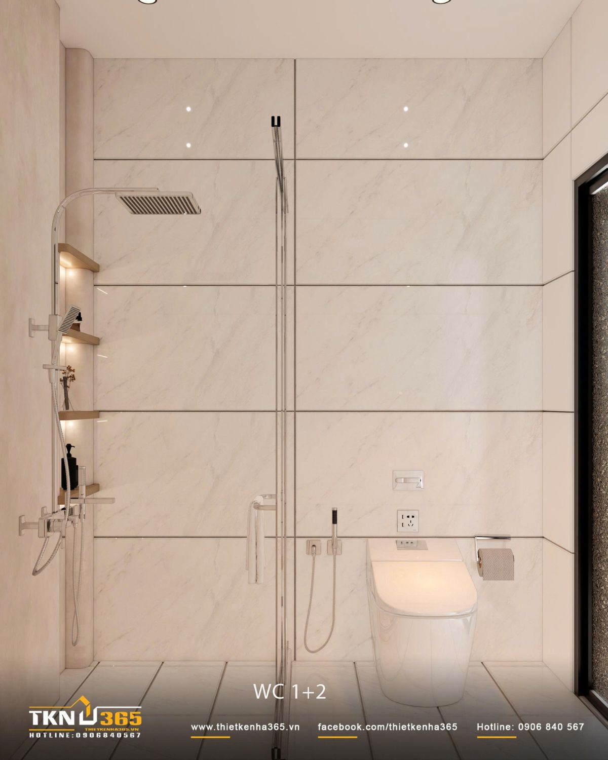 Gạch vân đá sáng phủ toàn bộ mảng tường giúp khu vệ sinh nhỏ giữ được cảm giác sạch, sáng và liền mạch