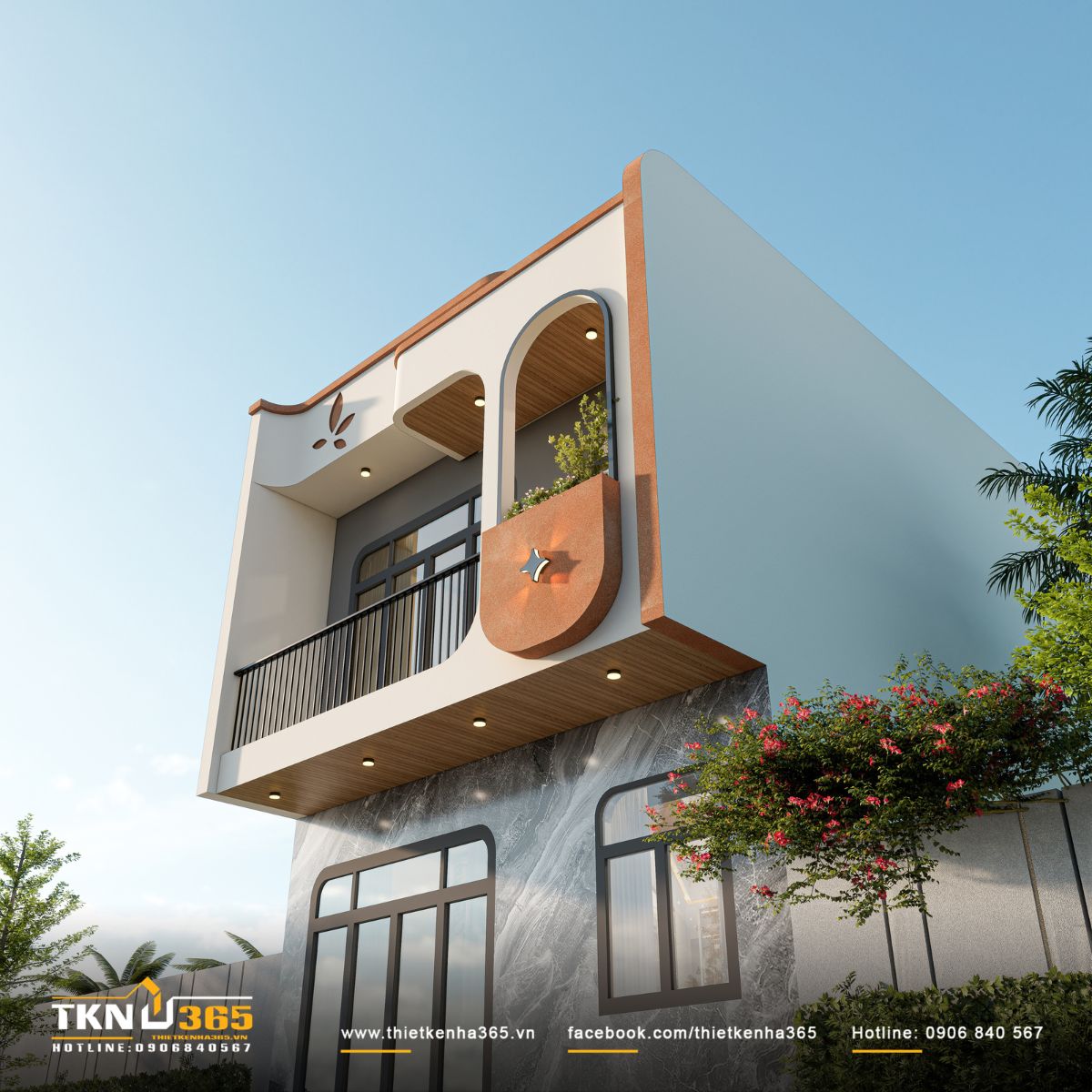 Khung vòm cao ôm lấy bồn cây tạo thêm chiều sâu và mảng xanh cho mặt tiền nhà phố 2 tầng, đồng thời tiếp nối ngôn ngữ bo cong của tổng thể công trình