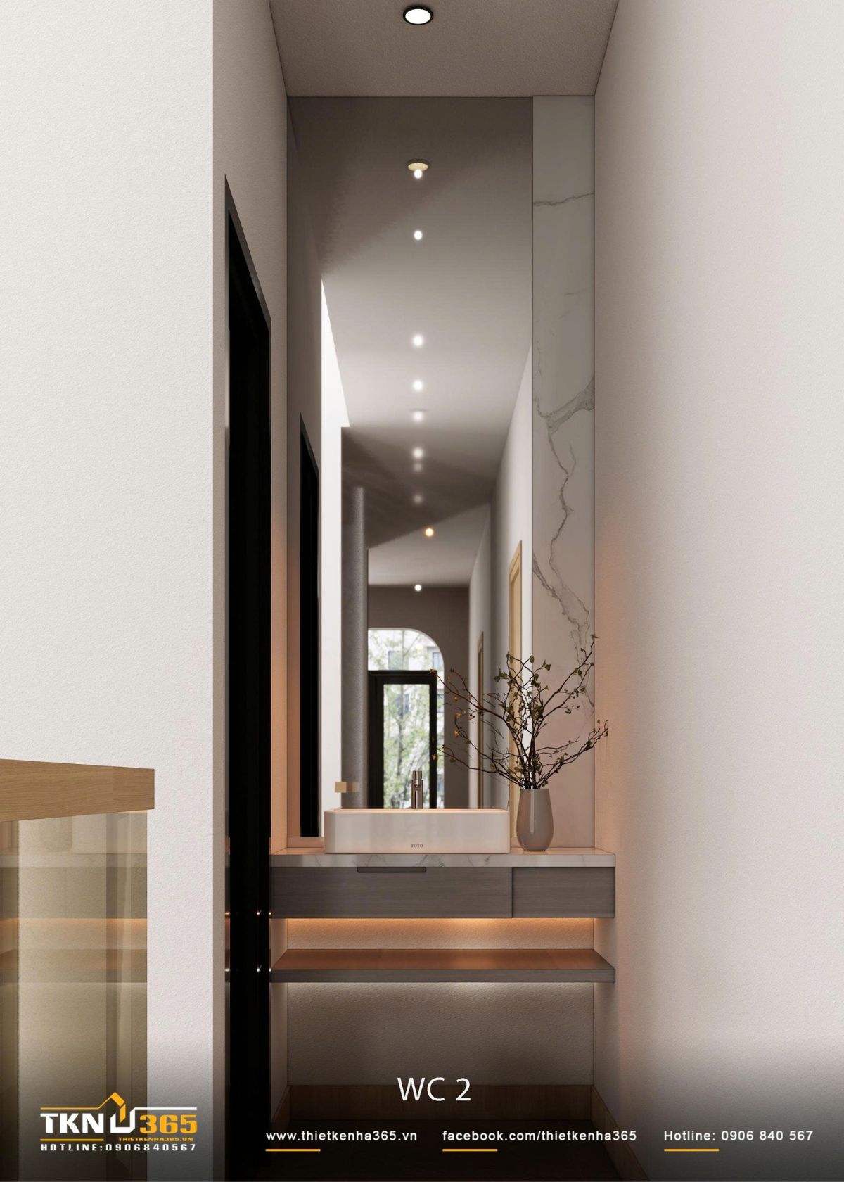 Lavabo đặt bàn cùng tủ treo được thu gọn theo chiều ngang, trong khi gương kéo cao theo tường giúp khu vực rửa mặt có cảm giác thoáng hơn