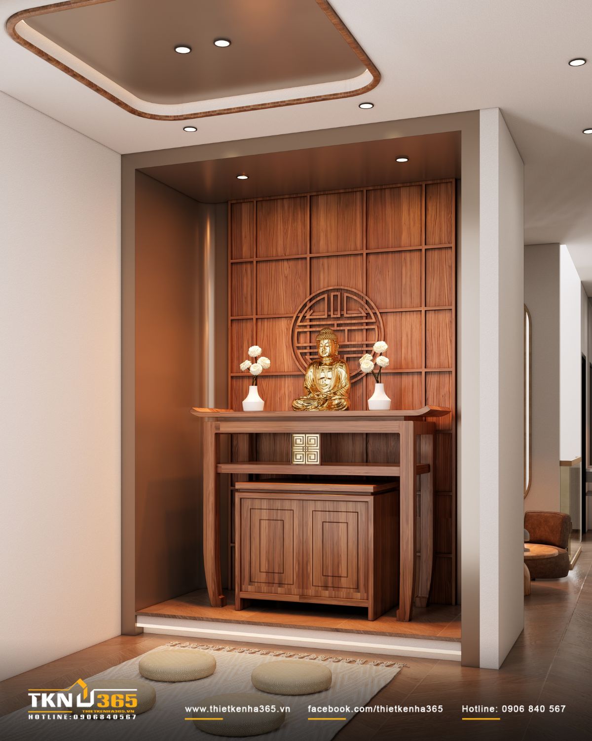 Mảng trần bo cong kết hợp ánh sáng tập trung giúp xác định khu vực thờ cúng, đồng thời tiếp nối ngôn ngữ đường cong xuyên suốt nội thất ngôi nhà