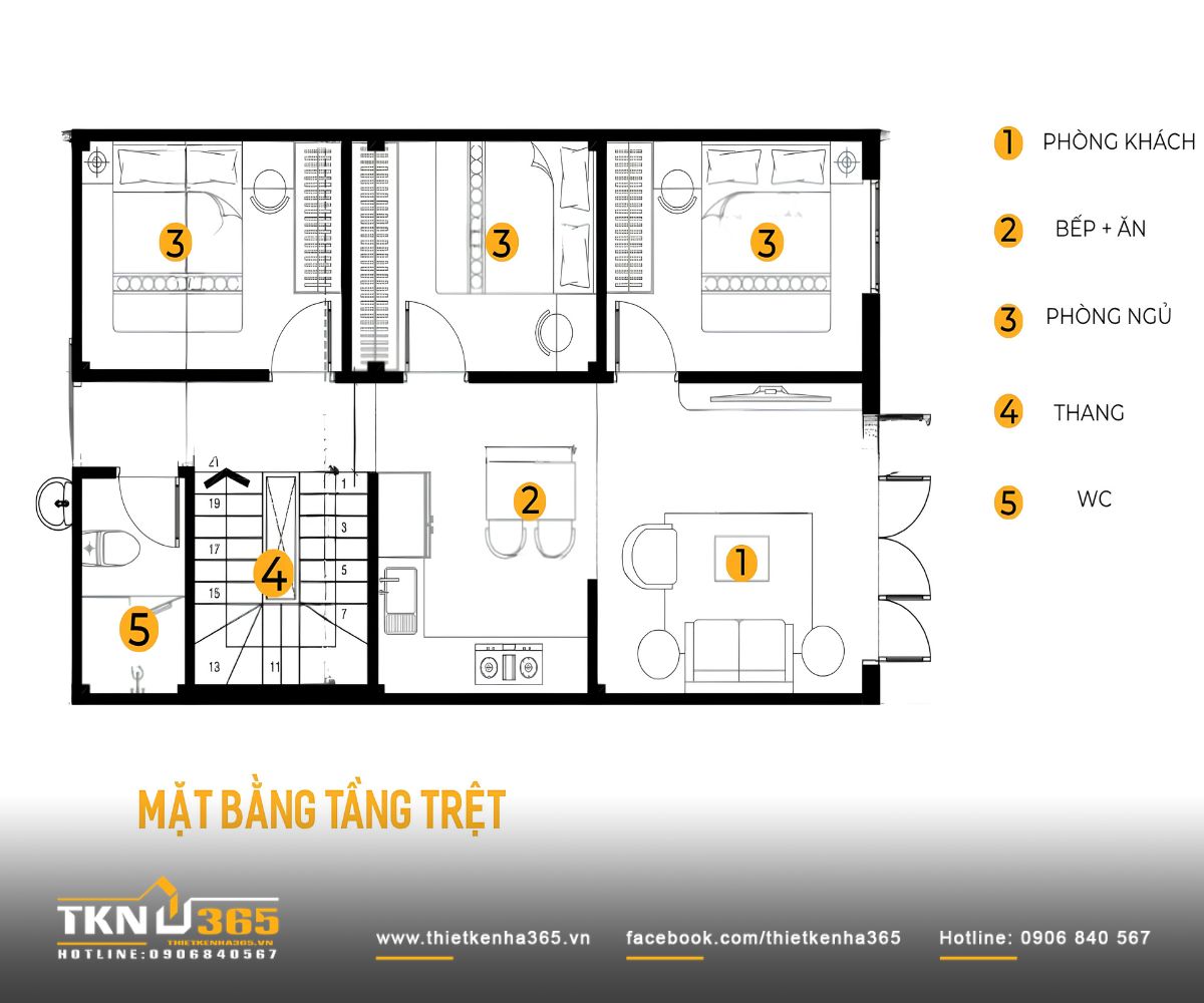 Mặt bằng tầng trệt nhà phố 2 tầng 6x10m bố trí phòng khách, bếp ăn và 3 phòng ngủ, với cầu thang cùng WC được gom về một phía để sử dụng diện tích hiệu quả