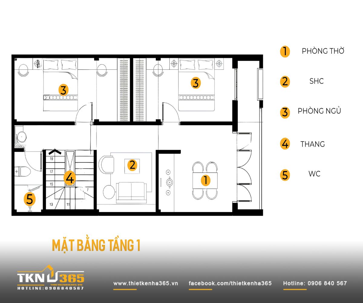 Tầng một dành 2 phòng ngủ cho nhu cầu nghỉ ngơi, đồng thời giữ lại phòng sinh hoạt chung và phòng thờ hướng về phía ban công mặt tiền