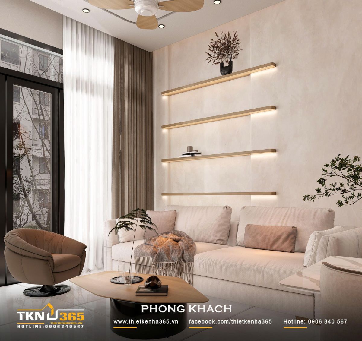 Sofa sáng màu kết hợp ghế đơn và bàn trà gỗ bo cong tạo thành cụm ngồi gọn gàng, phù hợp với diện tích phòng khách