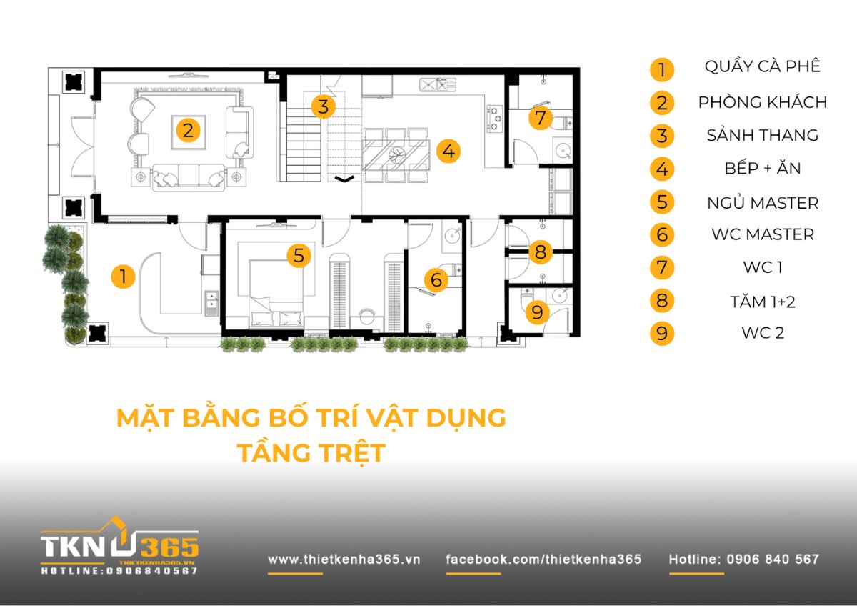 Nhà phố 2 tầng hiện đại của chị Hương tích hợp quán cà phê nhưng vẫn giữ sự riêng tư cho gia đình đông thành viên 8 Mặt bằng tầng trệt nhà phố 2 tầng bố trí quầy cà phê, phòng khách, bếp - ăn và phòng ngủ master có WC riêng