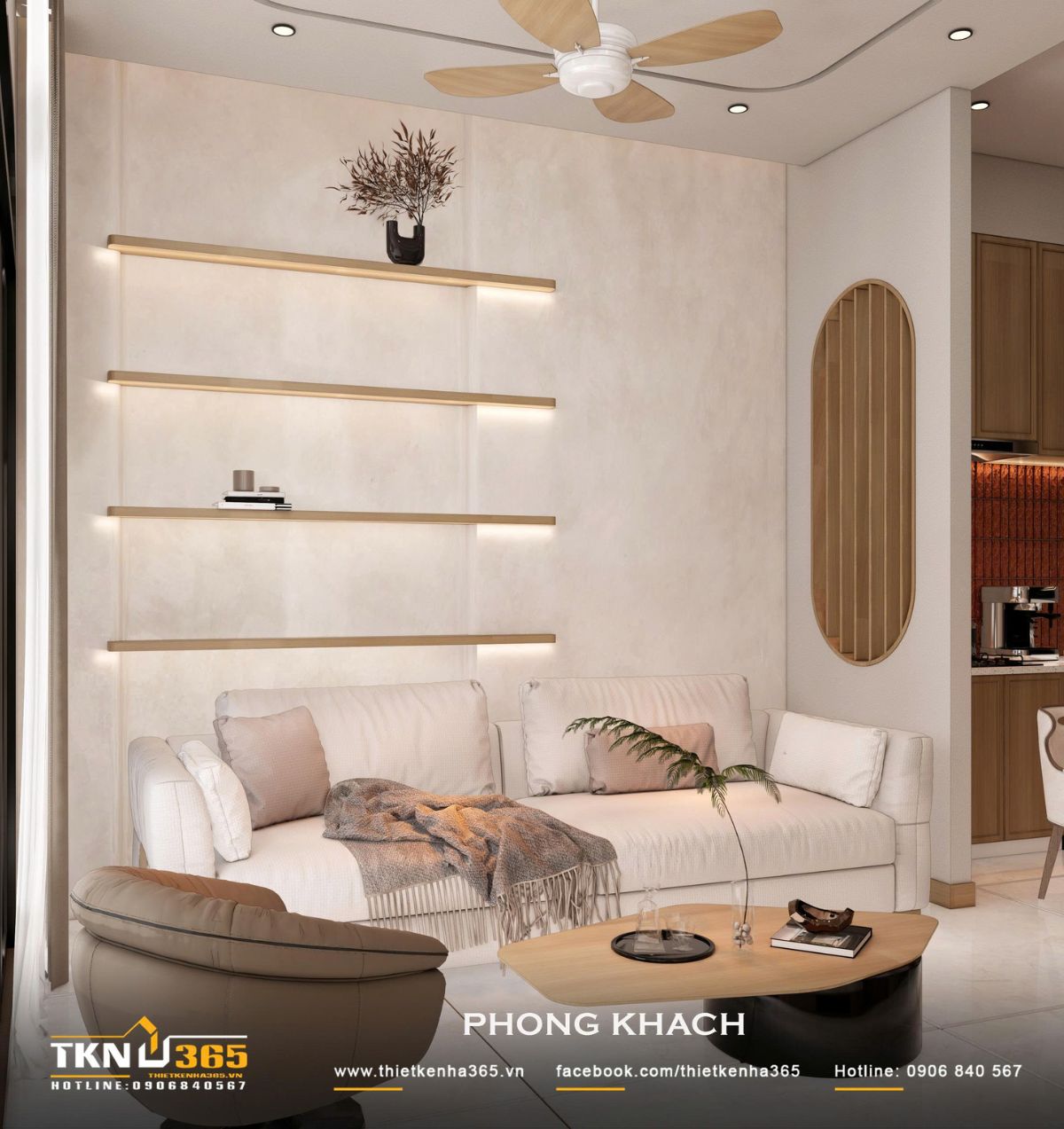 Các kệ gỗ thanh mảnh tích hợp đèn hắt giúp mảng tường sau sofa có thêm chiều sâu mà không cần nhiều chi tiết trang trí