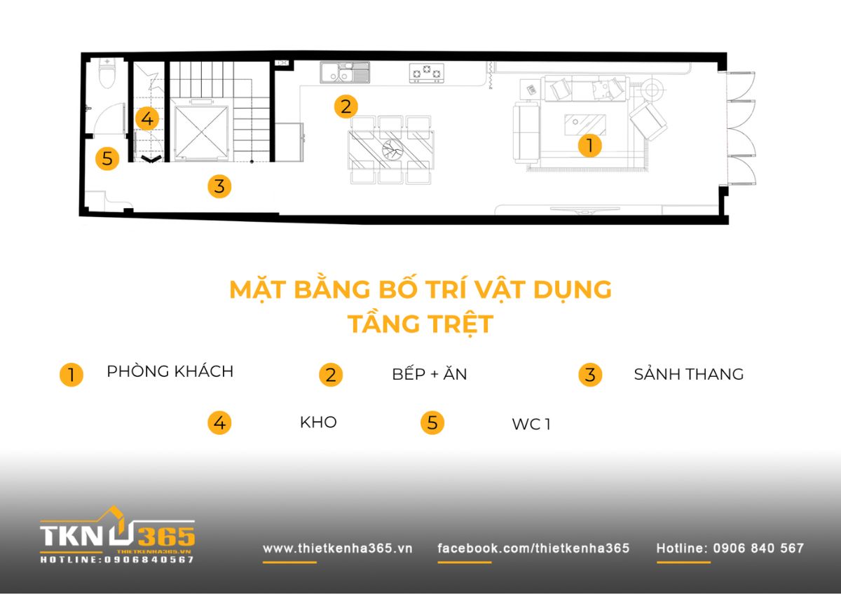 Mặt bằng tầng trệt nhà phố 5 tầng dành phần lớn diện tích cho phòng khách và bếp ăn liên thông, không bố trí phòng ngủ