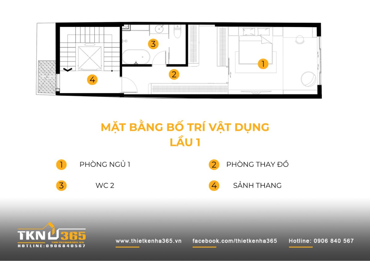 Lầu 1 nhà phố 5 tầng bố trí một phòng ngủ rộng kết hợp phòng thay đồ riêng, WC và sảnh thang