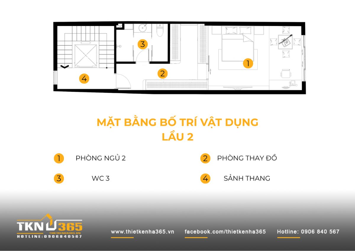 Lầu 2 nhà phố 5 tầng tiếp tục ưu tiên một phòng ngủ riêng tư với khu thay đồ và WC bố trí liền kề