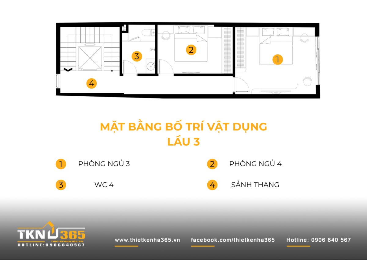 Lầu 3 nhà phố 5 tầng bố trí hai phòng ngủ sử dụng chung WC, hoàn thiện tổng cộng 4 phòng ngủ cho gia đình