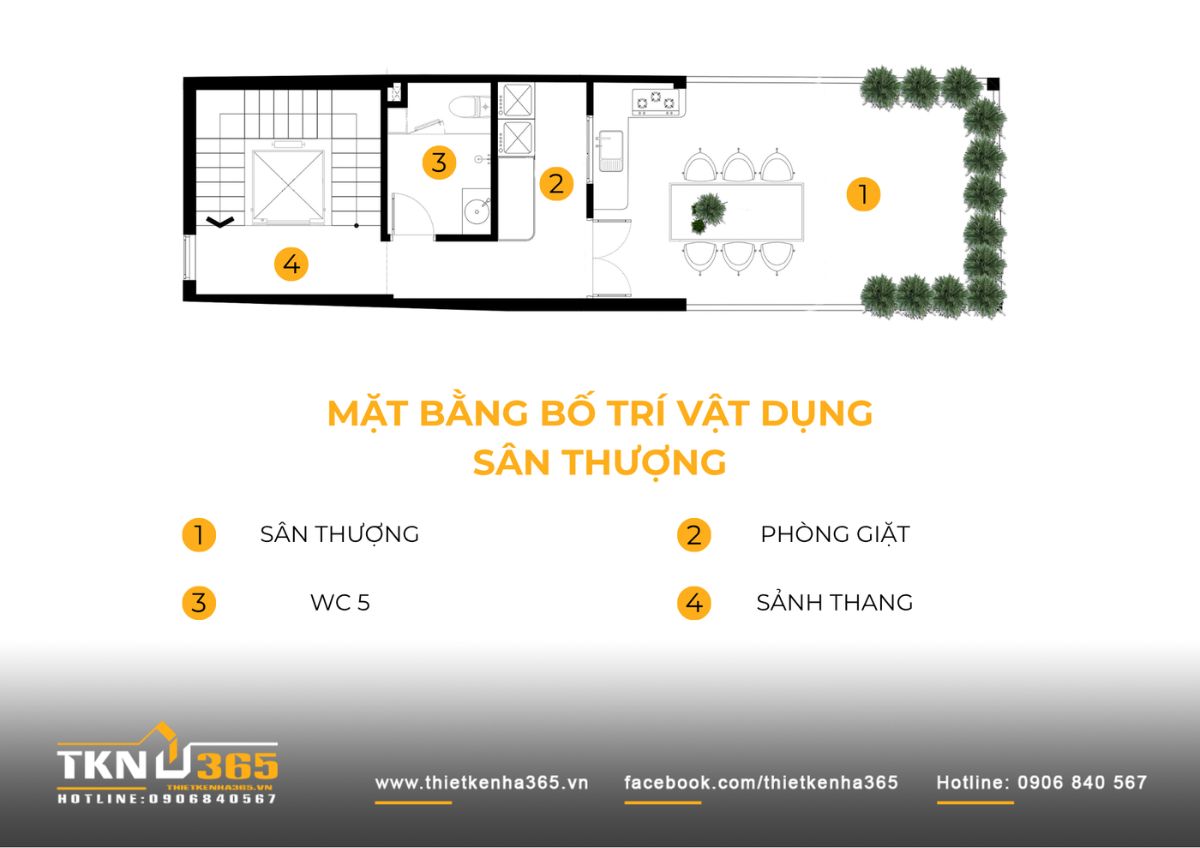 Sân thượng nhà phố 5 tầng kết hợp phòng giặt, WC và khoảng sinh hoạt ngoài trời có cây xanh bao quanh