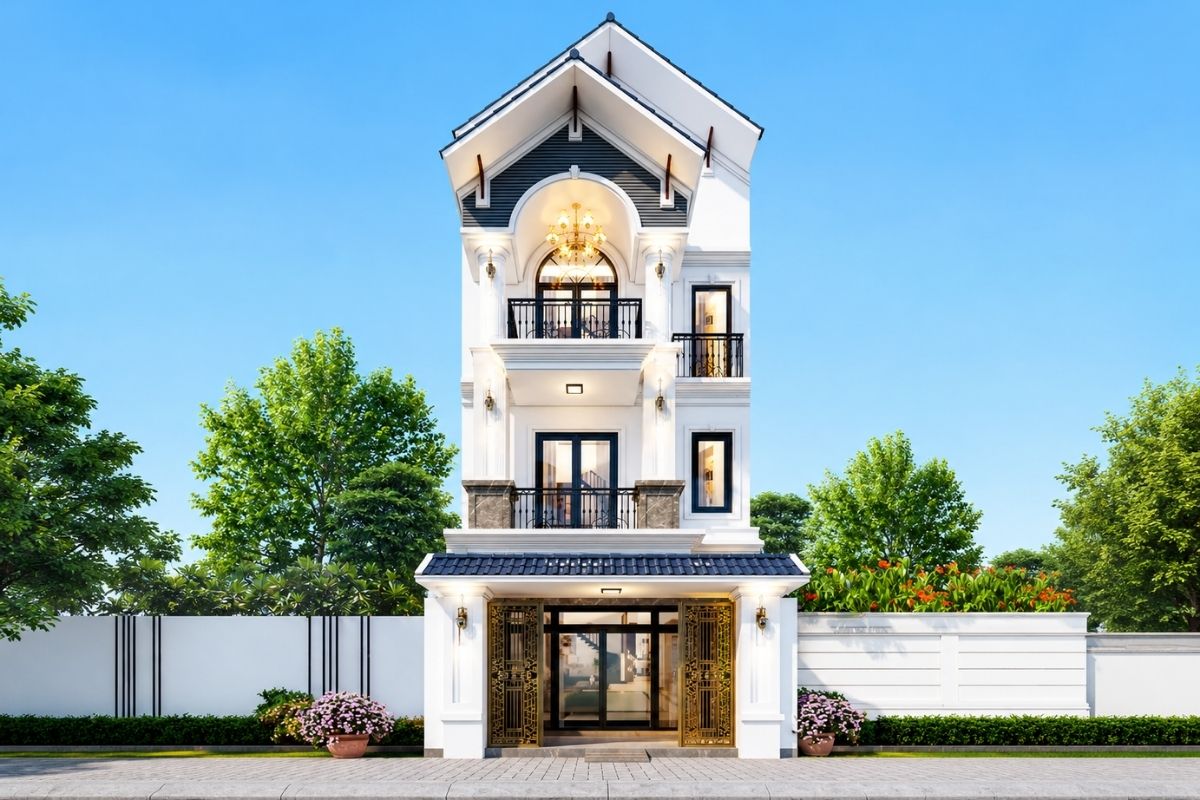 Mẫu nhà phố 1 trệt 2 lầu 5x20m thiết kế mái Thái cao ráo (Ảnh: Sưu tầm)