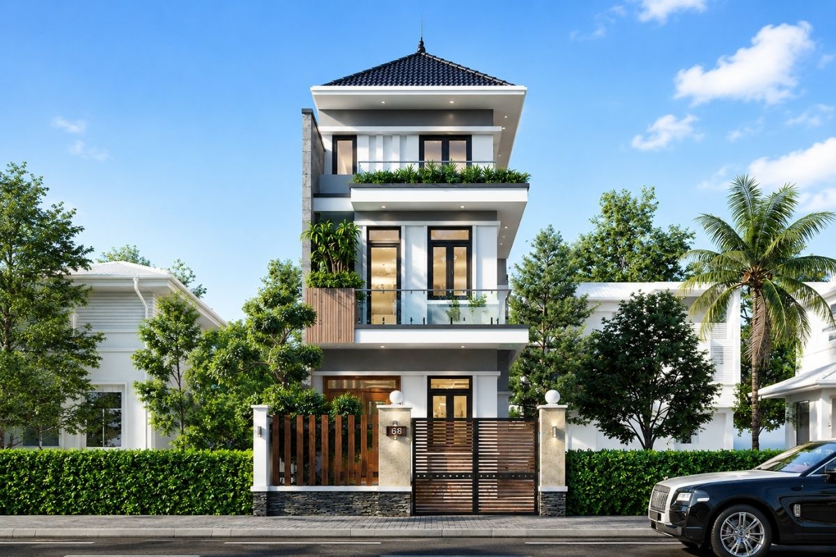 Mẫu nhà 100m2 3 tầng mái Nhật cân đối, tạo tỷ lệ hài hòa cho nhà mặt tiền ngang 5m (Ảnh: Sưu tầm)