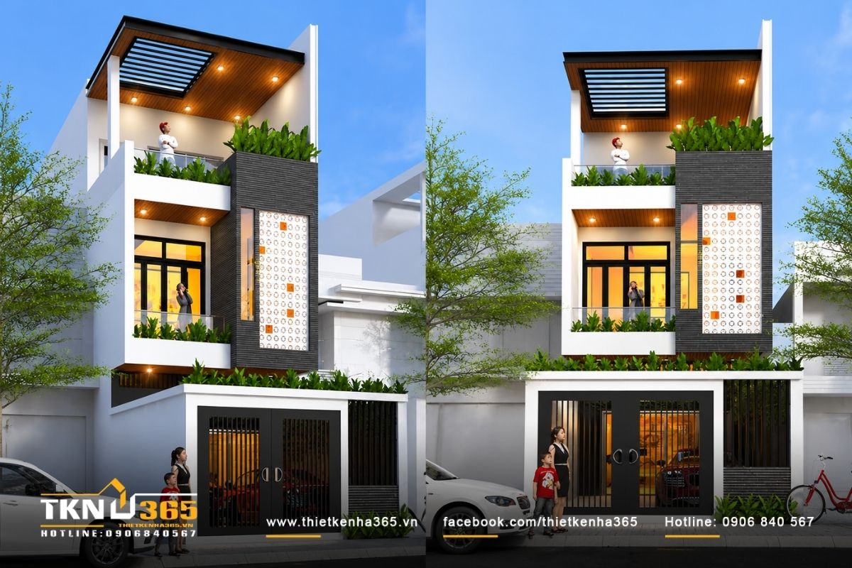 Mẫu nhà 1 trệt 2 lầu 5x20m đẹp bố trí gara ô tô ở tầng trệt